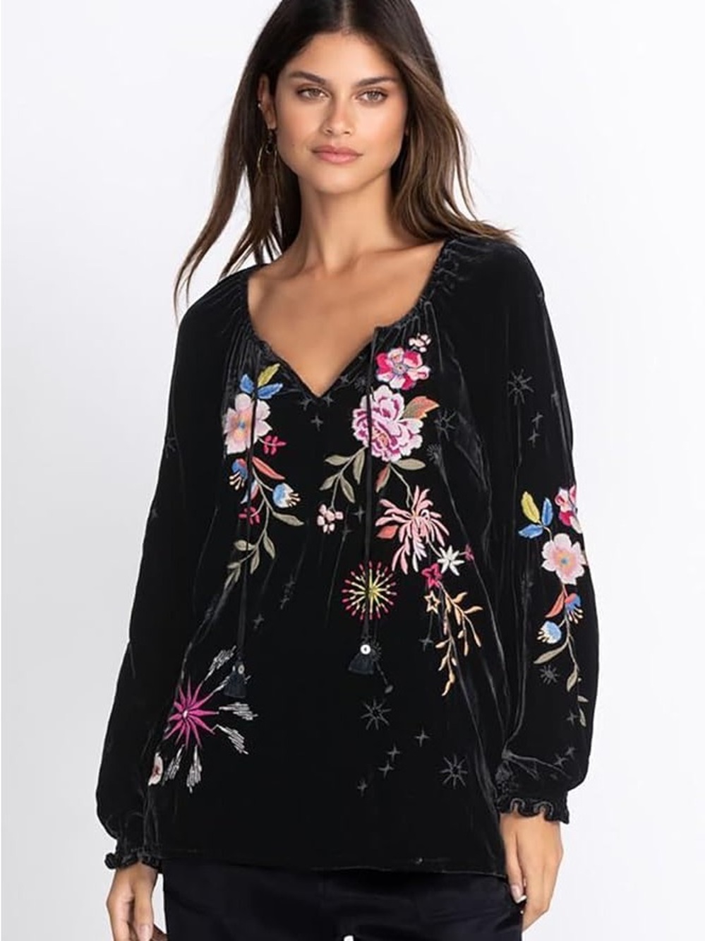 Johnny Was Black Velvet Embroidered Floral Peasant Top